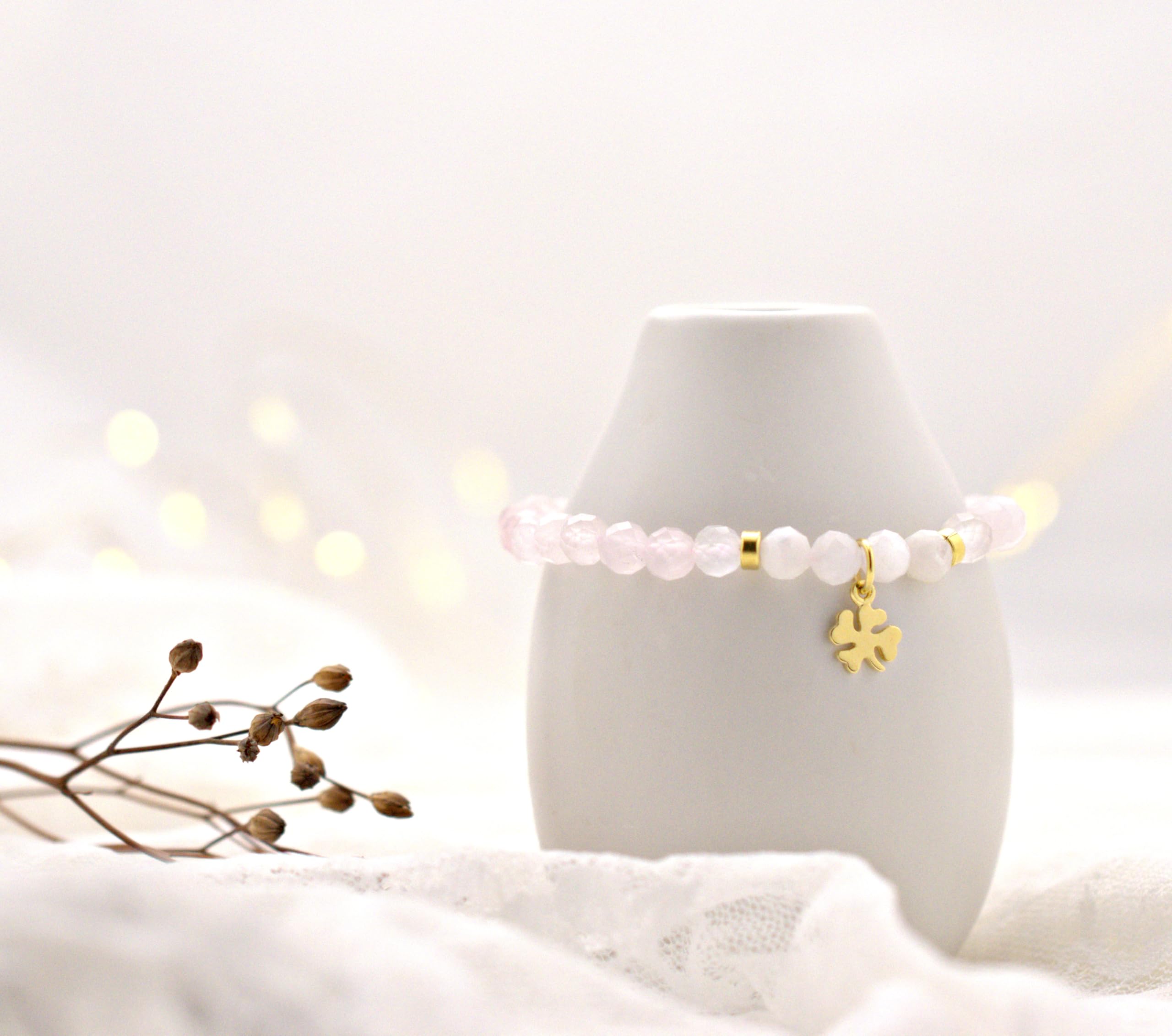 Glücksarmband Damen aus echten Natursteinen mit Kleeblatt, Glücksbringer-Geschenk, Talisman, Silber, Gold- oder Rosègold plattiert