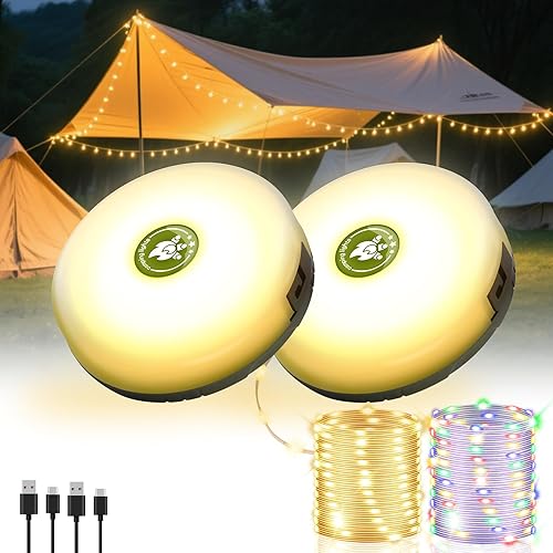 Paquete de 2 tiras de luces de campamento, 4 en 1, luz de campamento de almacenamiento rápido, 8 modos de luces colgantes de 32.8 pies, lámpara de