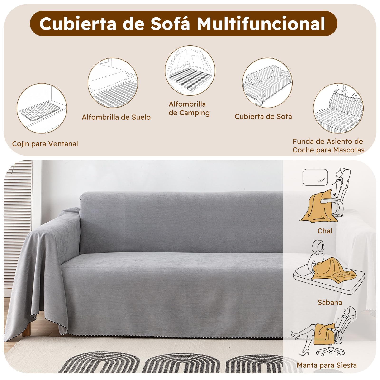 Antideslizante Fundas de sofá Ajustables Impermeable Cubre Sofá Protector Extraíbles Almohadilla para sofás Protector de Mascotas 180 * 230cm-Gris