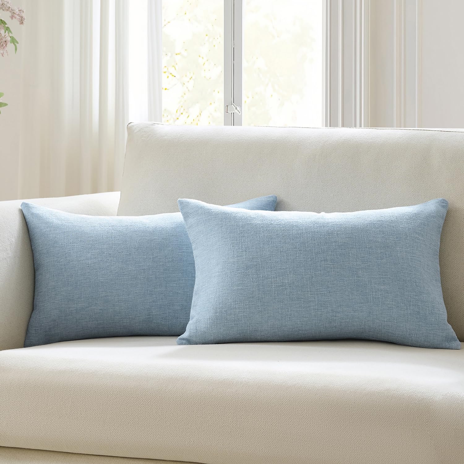 Meekio Set of 2 Light Blue Pillow Covers 12 x 20 Inch Farmhouse Boho Decorative Throw Pillow Covers Linen Cushion Covers for Sofa Couch Décor