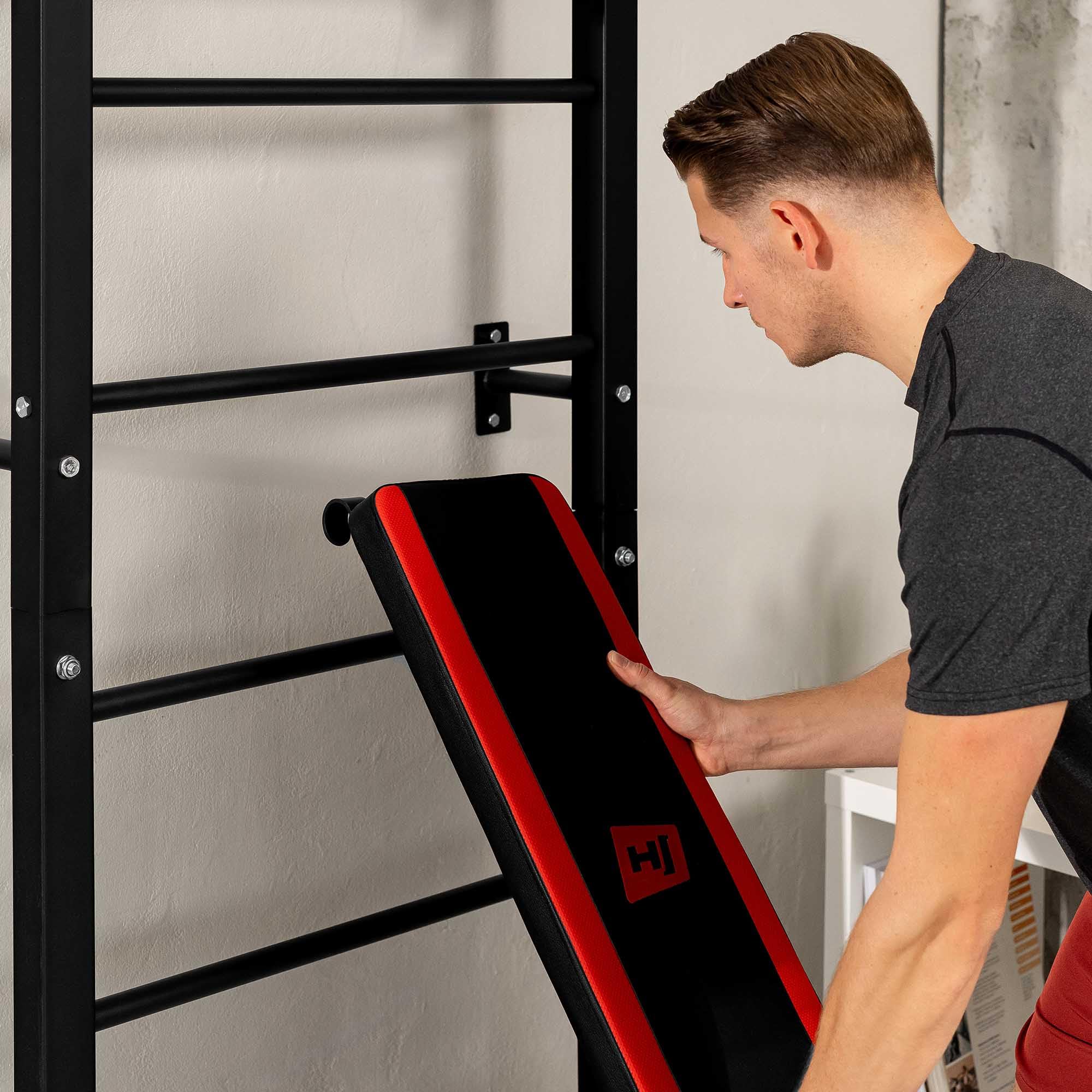 Hop-Sport Sprossenwand mit Klimmzugstange, Dip Station & Sit-Up-Bank | Wand Kraftstation für Zuhause | Calisthenics & Krafttraining | Max. Belastung 150 kg