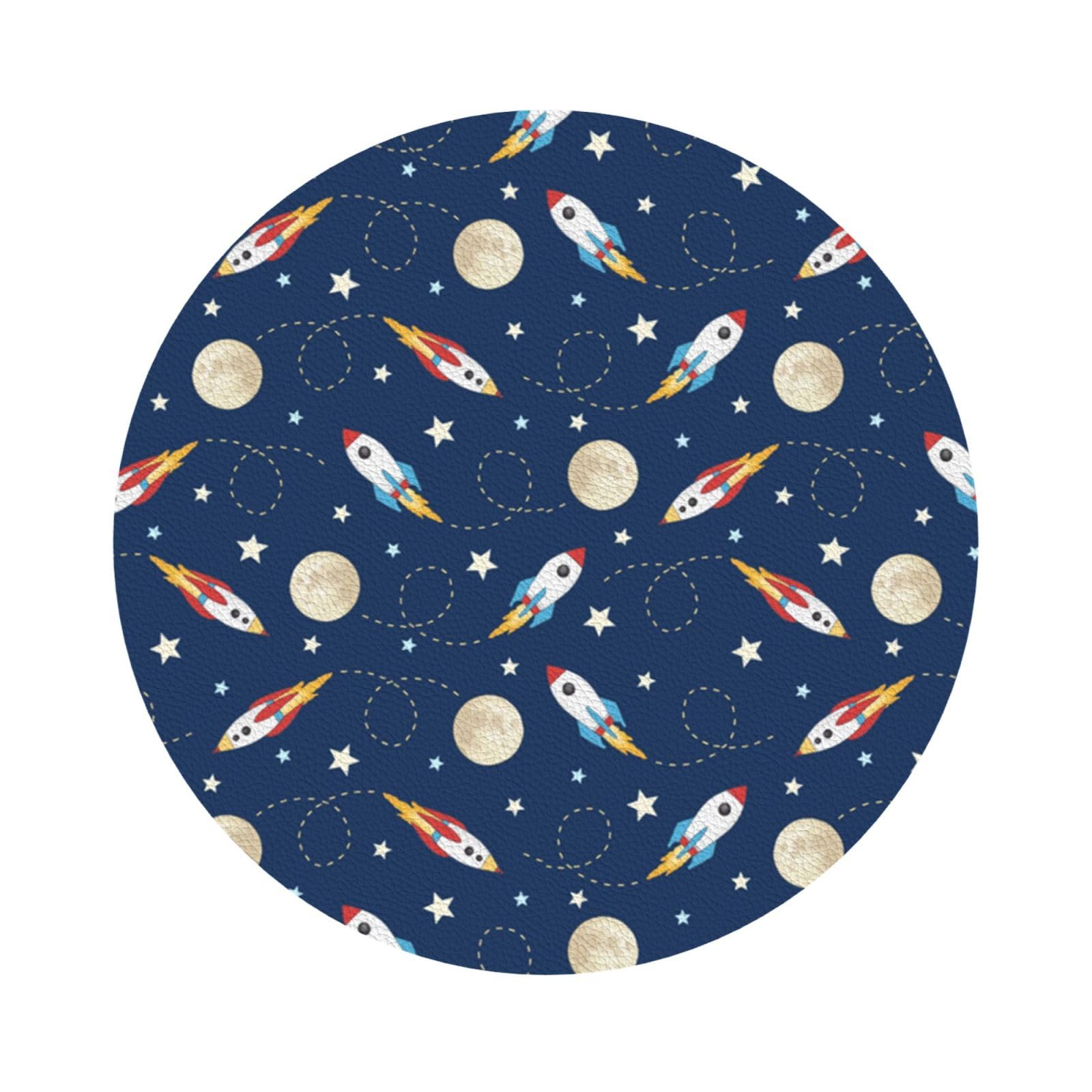 Rocket in Space PU Leather Coasters Set of 6 Round Drink Coasters