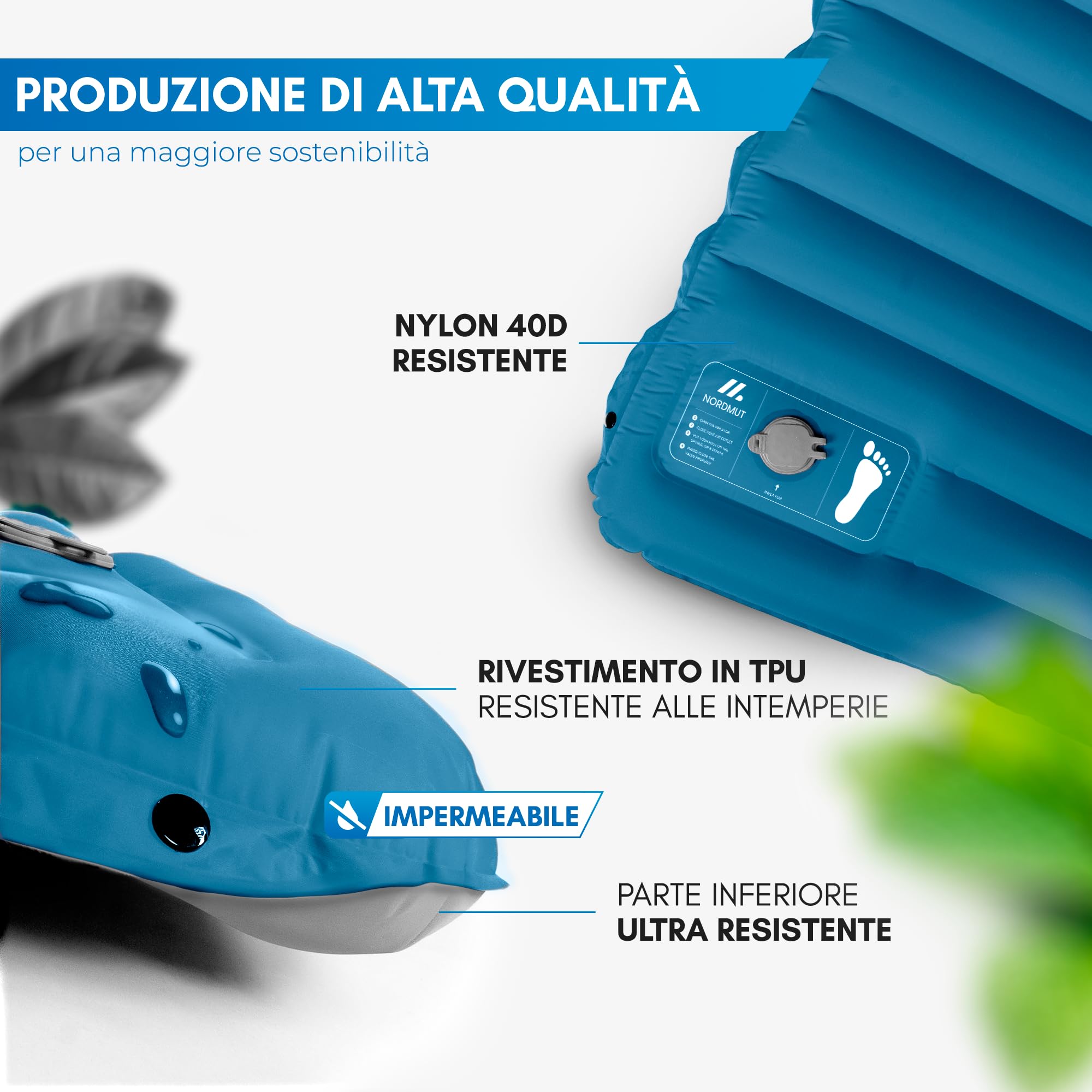 NORDMUT® Materassino da Campeggio Autogonfiante con Pompa a Pedale Integrata 10cm – Materassino Camping Compatto – Ultra Confortevole (Blu)