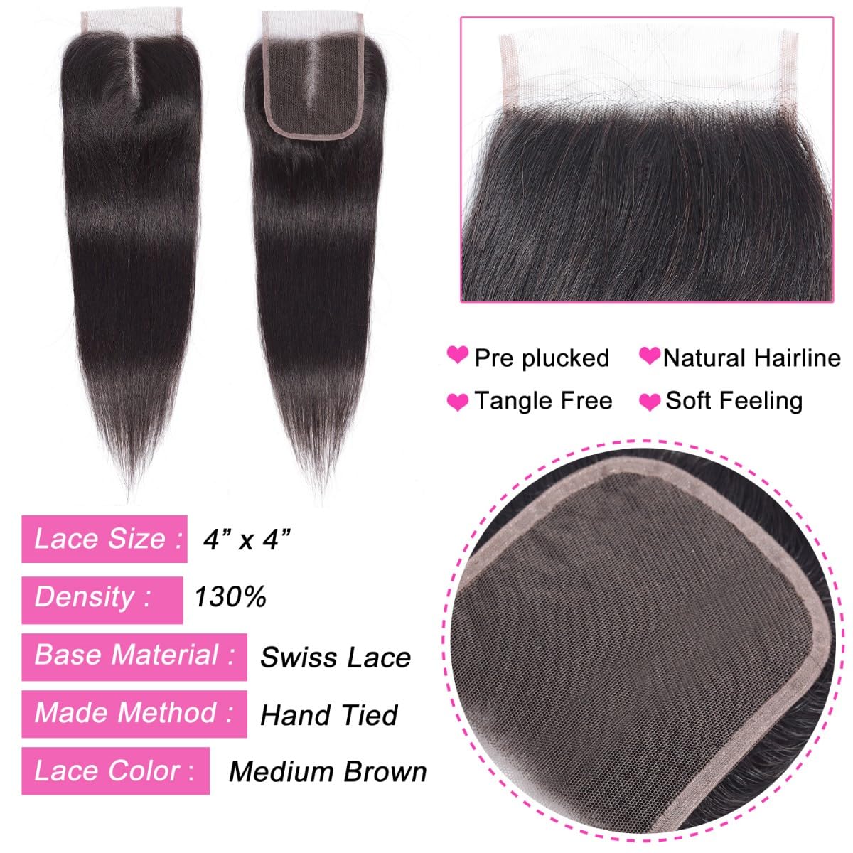 Sexycat Straight 4x4 Lace Closure Human Hair 14 Inch Natural Hairline Ear to Ear Lace Closure Pre Plucked with Baby Hair Natural Color - Image 4