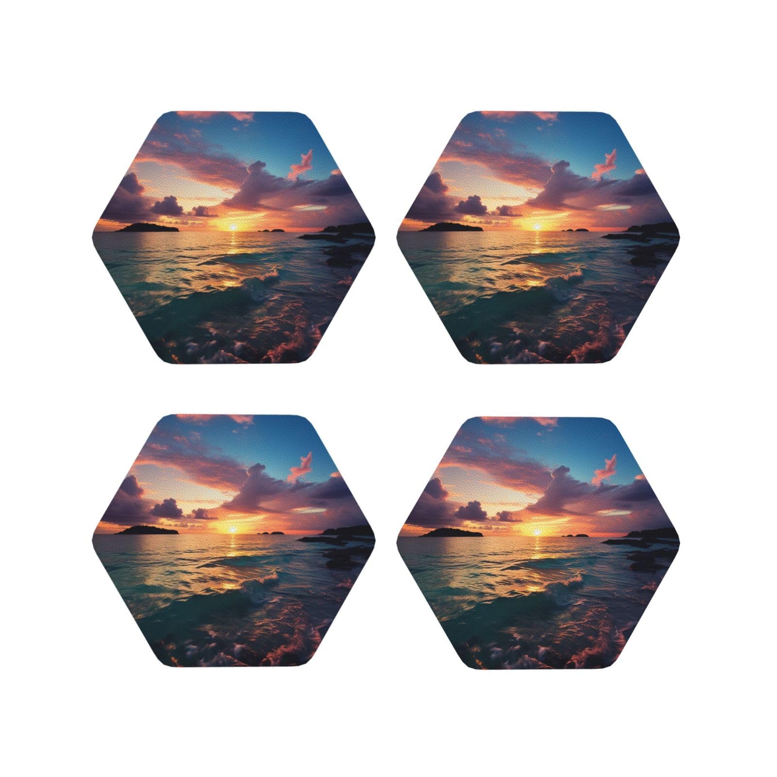 4Pcs PU Leather Coaster for Drinks, Ocean and Sunset Cup Coastersr 4" Cup Mat Pad, Aesthetic Drink Coasters for Coffee Table, Hexagon Coaster for Tabletop Protection