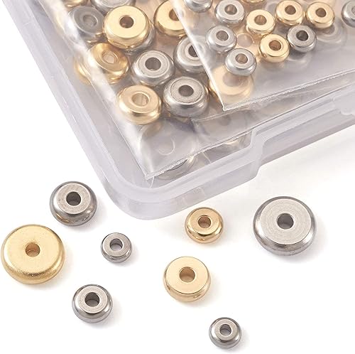 Miniatura 6 de Pandahall 120 cuentas planas redondas de acero inoxidable, 4 tamaños de bola de disco de metal, cuentas sueltas, para pulsera, collar, joyería
