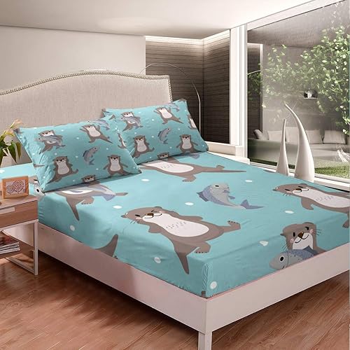 Feelyou Juego de ropa de cama para niños y niñas, lindo juego de sábanas de nutria con dibujos animados de animales salvajes, sábana bajera