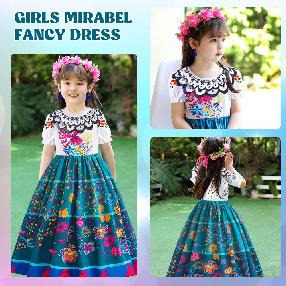 YYDSXK Mirabel Encanto Vestito, Principessa Mirabel Madrigal Costume per Ragazze, Mirabel Principessa Vestito con Borsa a Tracolla per Bambini 2-11 Anni Festa di Compleanno Cosplay