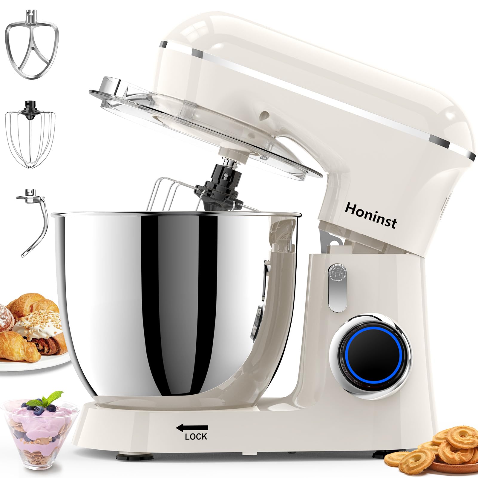 Stand Mixer, 6.5QT 10-Speed Tilt-Head Electric Stand Mixer, 3-In-1 Kitchen Mixer with Bowl, Dough Hook, Whisk and Beater, Food Mixer for Baking, Cake and Most Home Cooks, Beige
