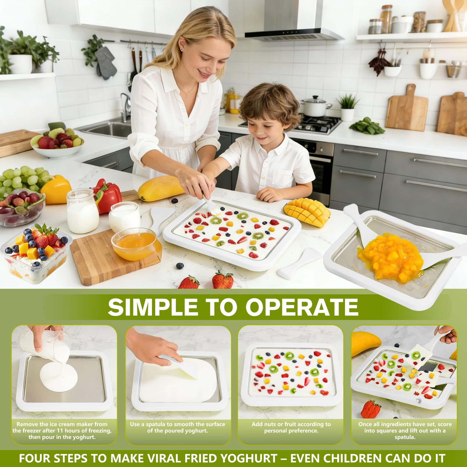 Macchina Gelatiera Istantanea Con 2 Spatole, Padella Per Gelato DIY Rolling Ice Cream Maker Per Adulti E Bambini, Per Panna Fatta in Casa, Yogurt Gelato, Sorbetto (Bianco,22.5 * 17.5CM)