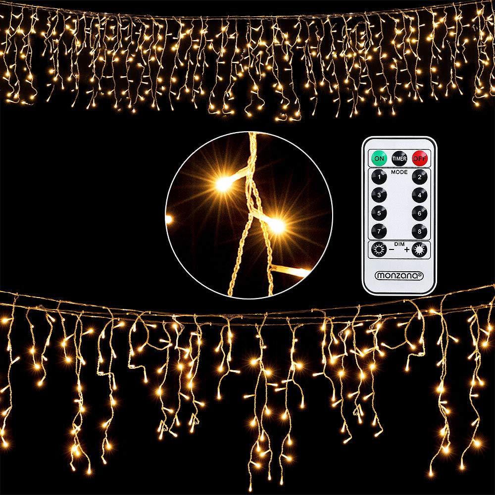 MONZANA® Cadena de Luces 600LED Blanco Cálido 20m Mando a Distancia Resistentes al Agua Cortina de Luz Decorativa Navideña Interior Exterior