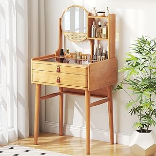 GOFLAME Bamboo Vanity Table with Adjustable Mirror, Small Makeup Vanity ...