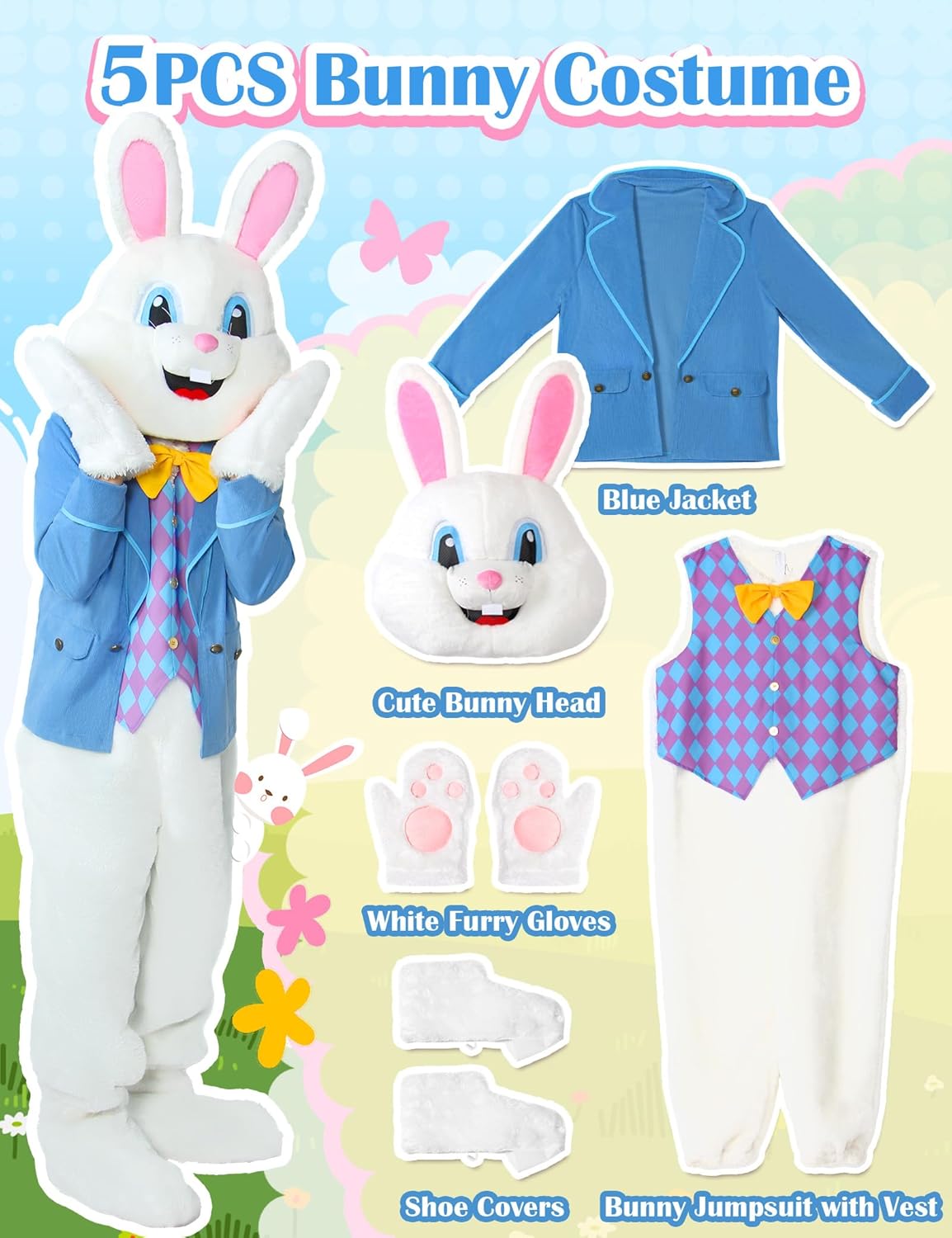 Easter Bunny Costume Adult 5PCS Mascot Rabbit Deluxe Suit for Men Blue Blazer Bunnies Head Cute Furry Unisex Outfit