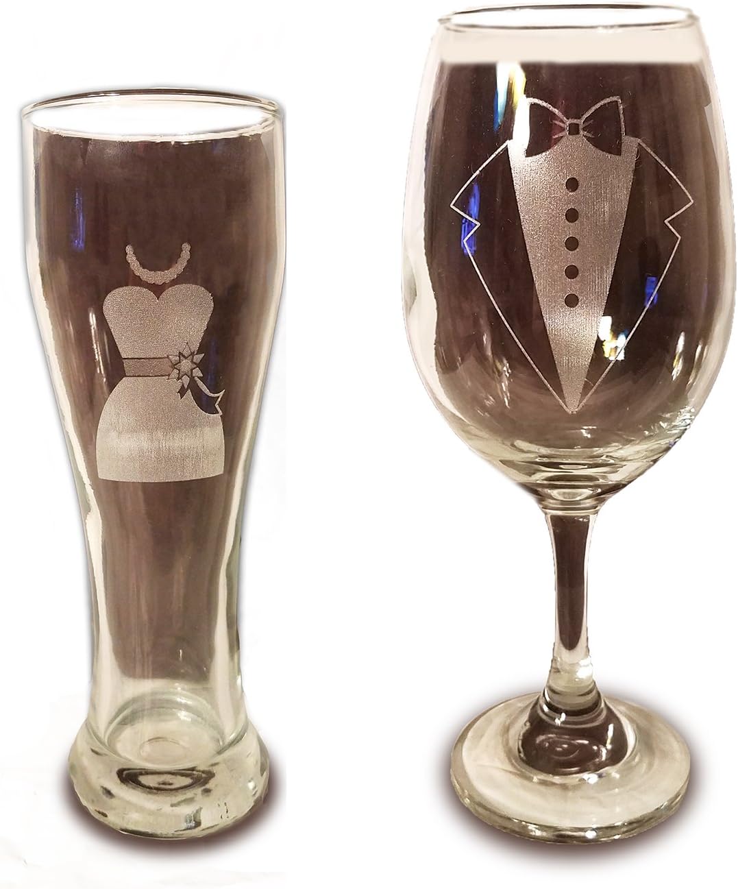 Laser Engraved Bride and Groom Glasses - 20 oz Wine Glass and 15 oz Beer Pilsner Glass - Wedding Toasting Set of 2 - Couples Gifts - Engagement Gift - Original Wedding Gifts - Custom Wedding