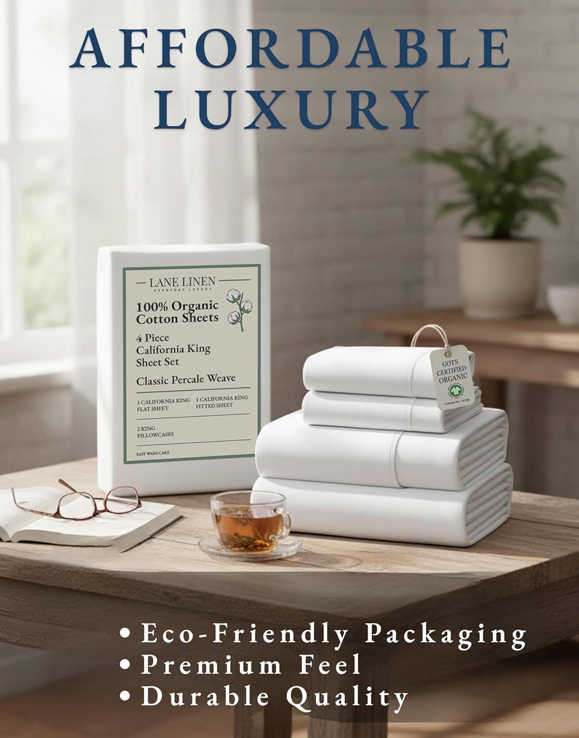 LANE LINEN 100% Organic Cotton California King Sheets Set, 4-Piece Pure Long Staple Percale Weave Ultra Soft Best Bedding Sheets for Bed, Fits Mattress Upto 15" Deep Cal King Sheets- White - Image 8