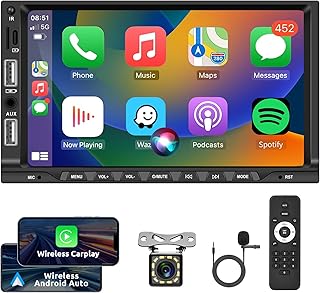 Double Din Car Stereo with Wireless Carplay Android Auto Backup Camera, 7-Inch Touchscreen Car Radio with Bluetooth, Mirror Link, FM, Back Light, AUX Output, Type-C USB Port, SWC