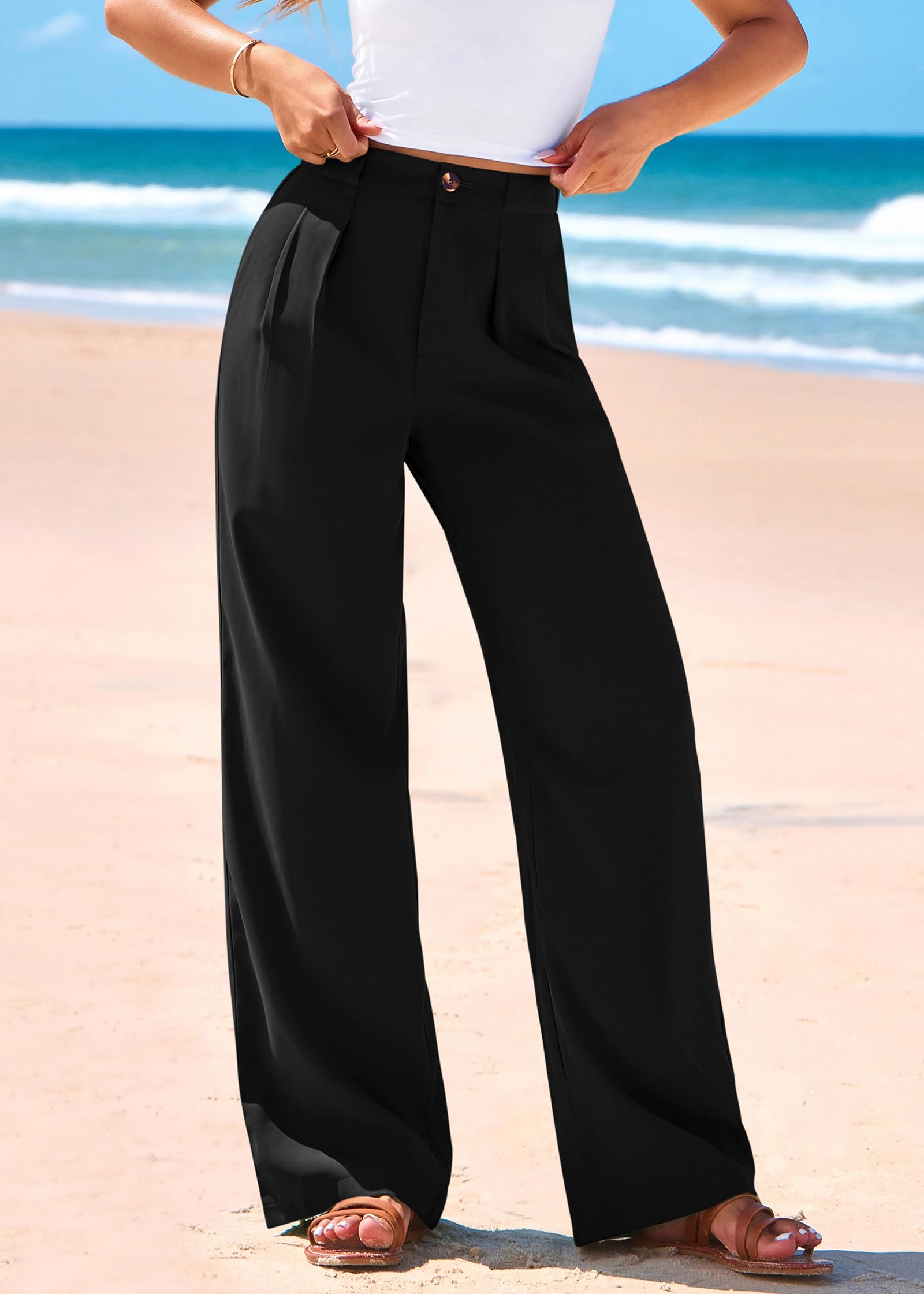 KIRUNDO Pantalones de vestir de pierna ancha para mujer, de cintura alta, para oficina, trabajo, negocios, informales, con botones, holgados, palazzo