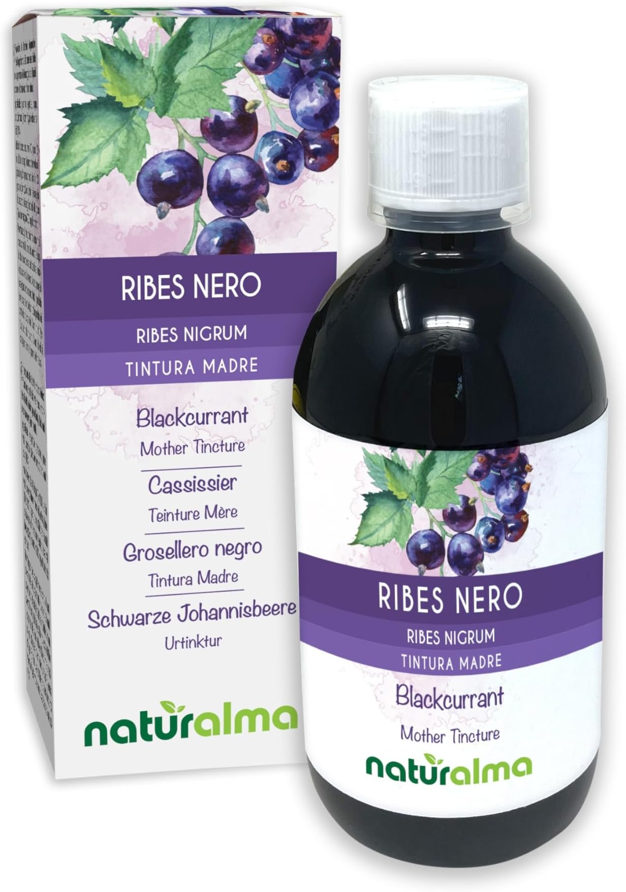 Blackcurrant (Ribes nigrum) Leaves and Fruits Alcohol-Free Mother Tincture Naturalma - Liquid Extract Drops 500 ml - Food Supplement - Vegan