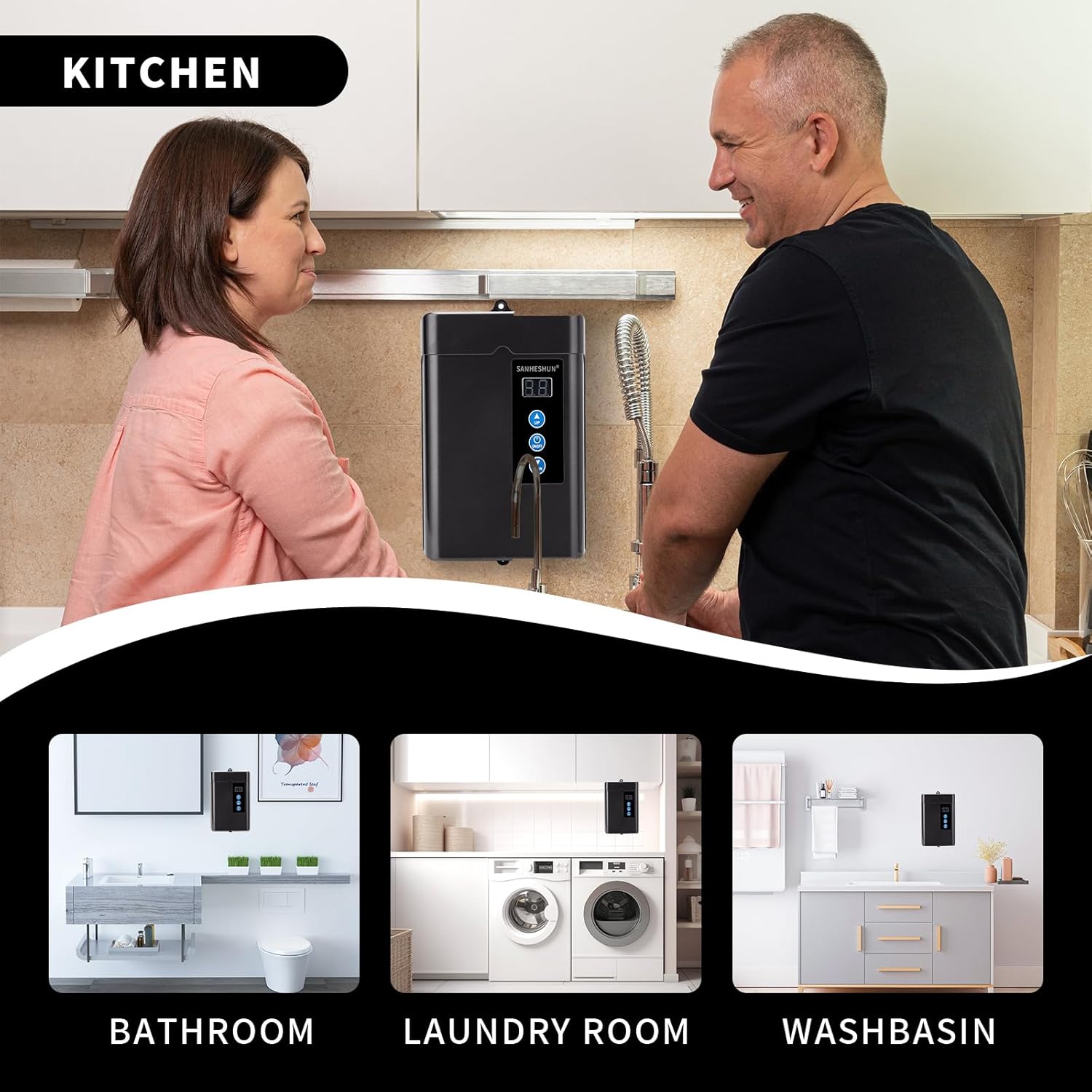 sanheshun Tankless Electric Water Heater installed in kitchen, bathroom, laundry room, and washbasin settings.