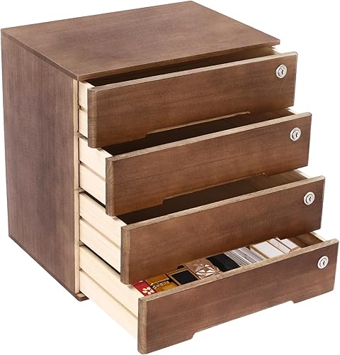 Wooden Desk Organizer, Desktop Storage Box with 4 Lockable Drawers, Countertop Wood Cabinet Office Supplies File Organizer Flat File Cabinet for