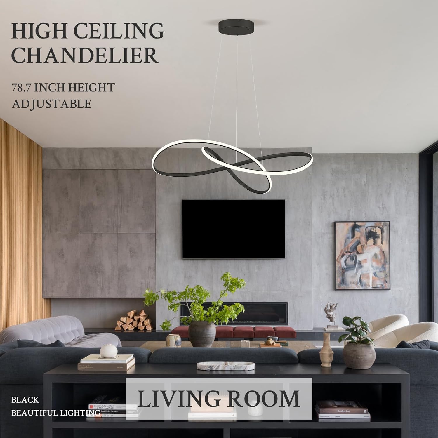 D31.5in Modern LED Chandelier Black Ring Chandelier High Ceiling Contemporary with Dimmable Remote Control, LED Pendant Light Fixtures for Foyer Dining Room Kitchen Island, 3000-6500K