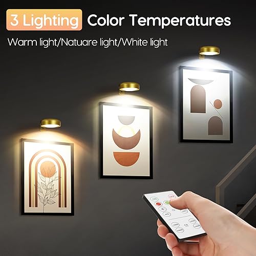 Miniatura 36 de 3 lámparas a batería con control remoto, temporizador, regulables, magnéticas, de 200 LM, para cuadros, pinturas, exhibición de obras de arte