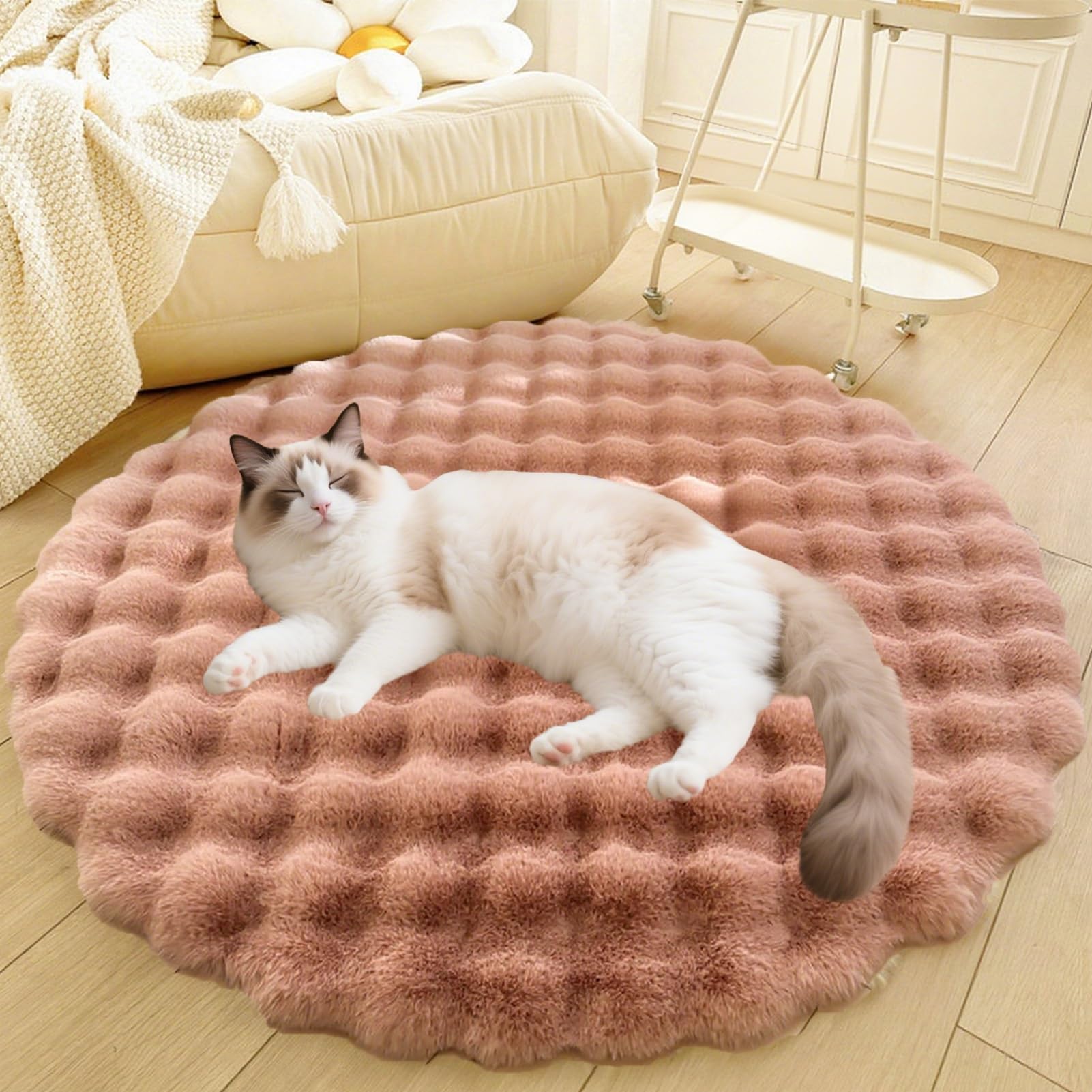 Divano per Cani E Gatti Con Fondo Antiscivolo, Tappeto Rotondo Lavabile, Moderno Letto A Pelo Lungo Da Posizionare Accanto Al Pavimento, Tappetino per Soggiorno(Pink,43in)