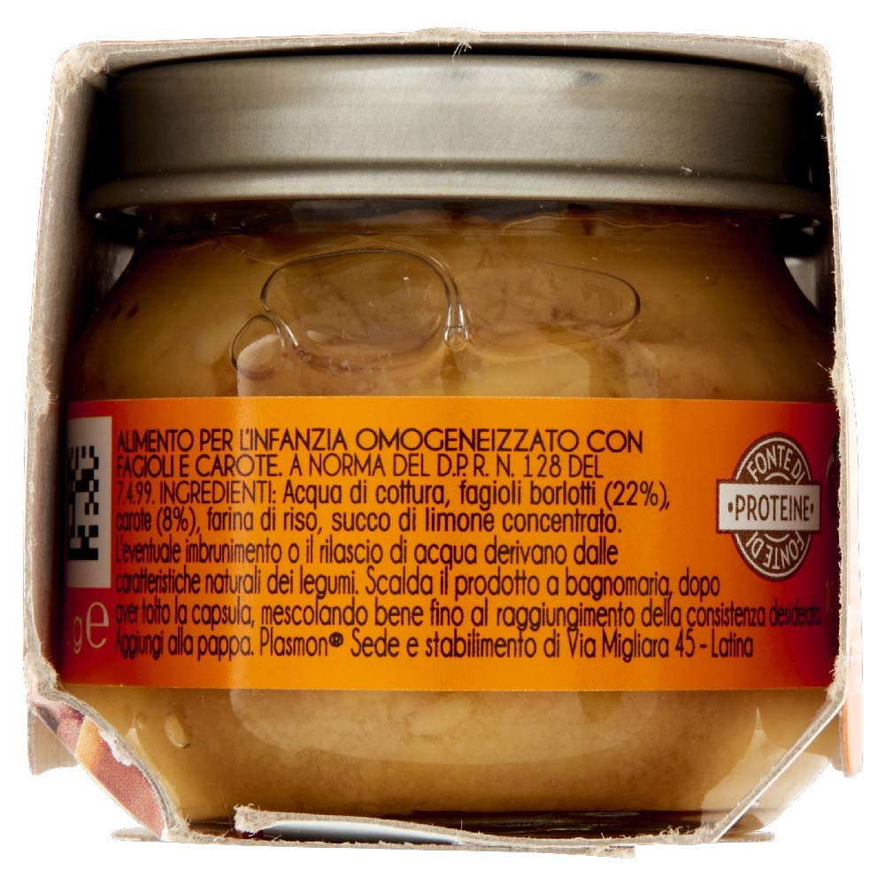 Plasmon Omogeneizzato Legumi Fagioli Borlotti con Carote 80g 24 Vasetti Con Ingredienti selezionati, 100% naturale, senza amidi e sale aggiunti