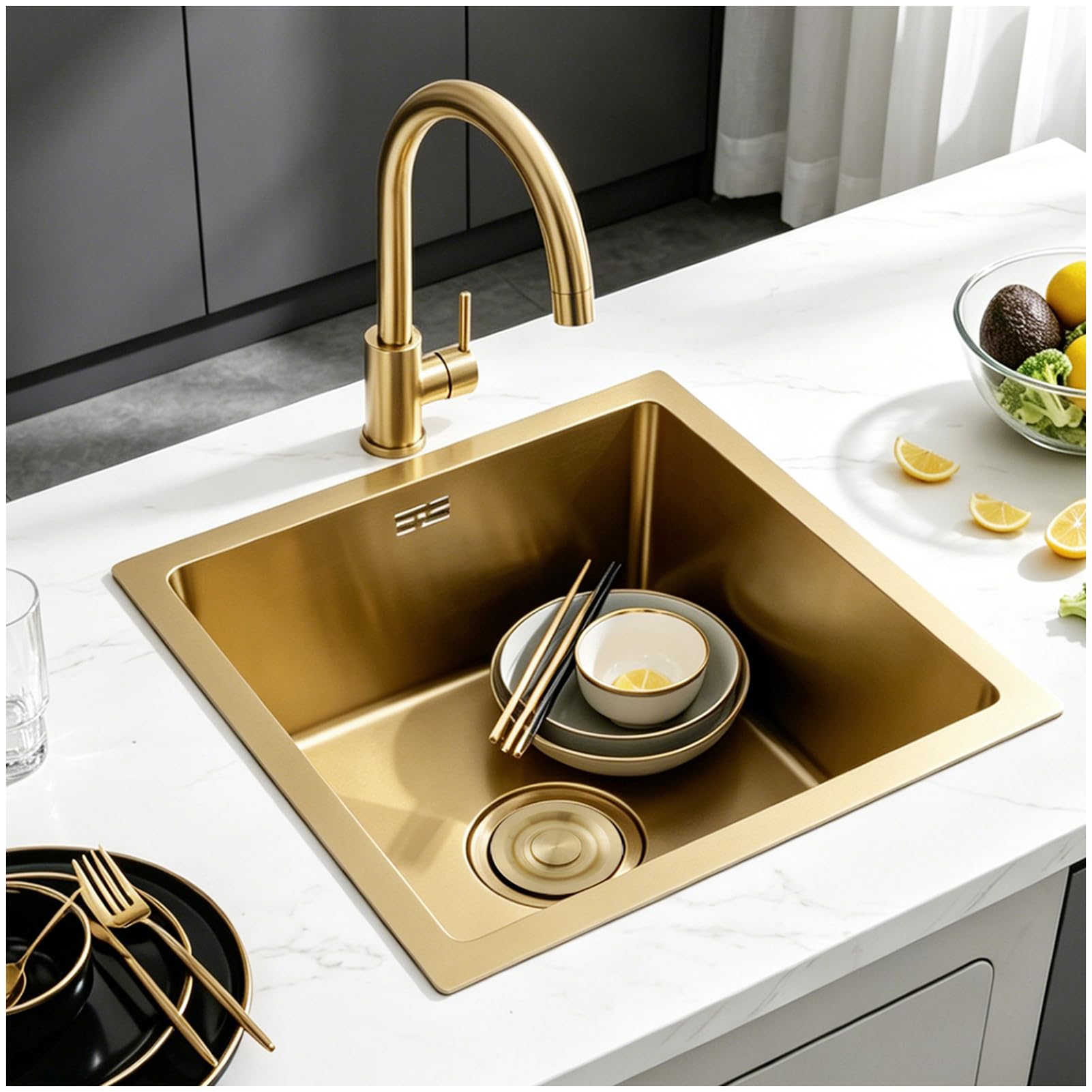 ZQFHSX Gold Bar Sink Undermount,Single Bowl Undermount Sink,Workstation Small Kitchen Sink,Brushed Wet Sink,Stainless Steel Sink,Outdoor Prep With Gold-tone Accessories(Gold-2,3