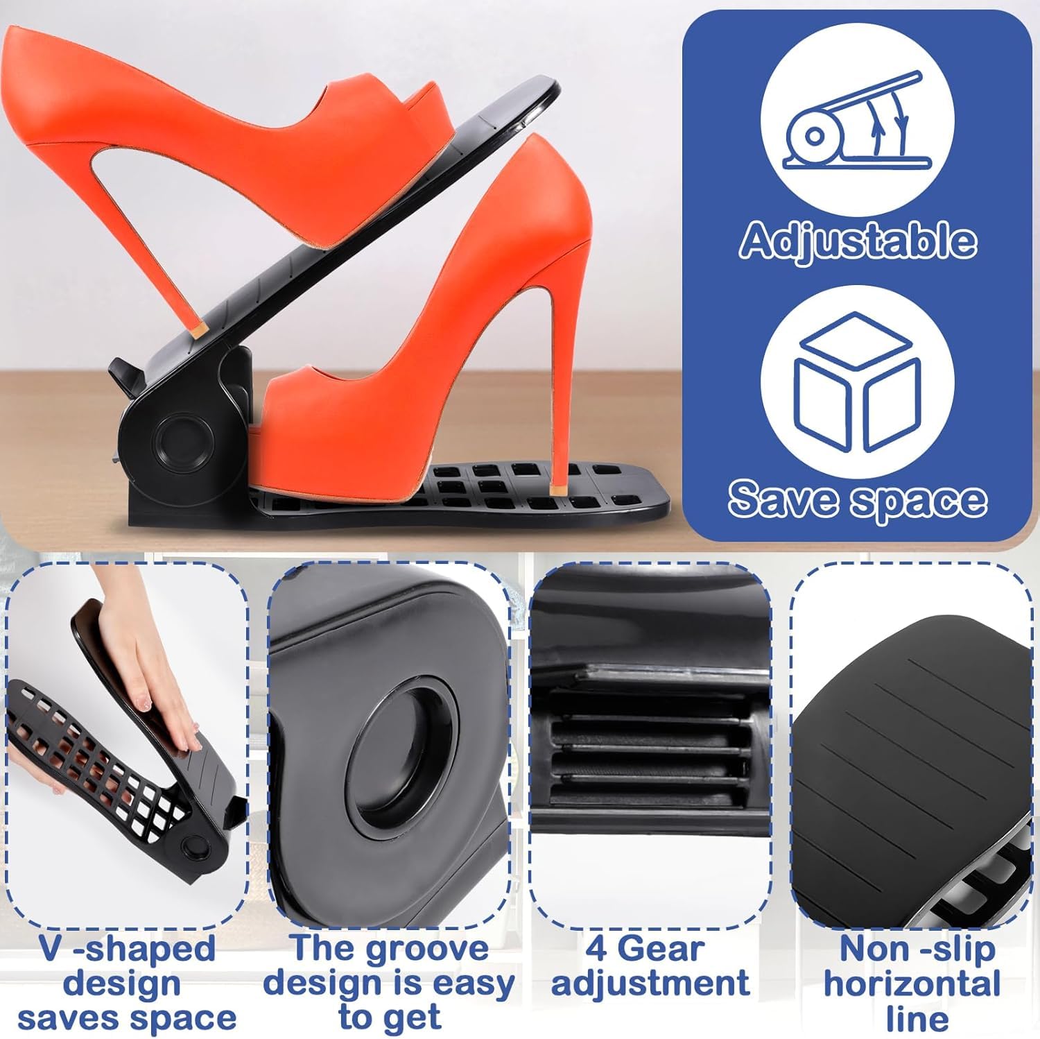 10 Pezzi Organizer Scarpe Impilabile, Portascarpe Salvaspazio Antiscivolo et Regolabile in Altezza, Porta Scarpe da Armadio Salvaspazio per Organizzare il Guardaroba, Nero