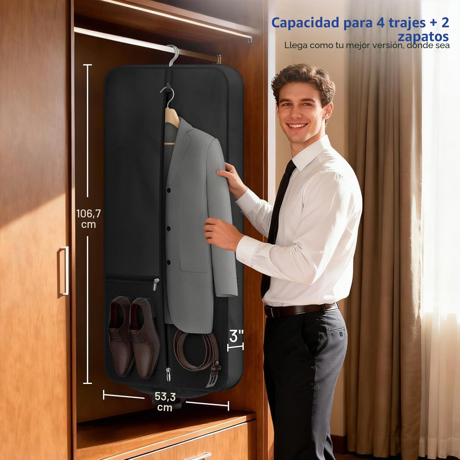 MISSLO Funda para Trajes de Viaje para Hombre con Correa para el Hombro, Portatrajes Impermeable de 42" para Mujer, Bolsas para Ropa de Mano 2 en 1 con Bolsillos para Portátil, Funda Colgante para