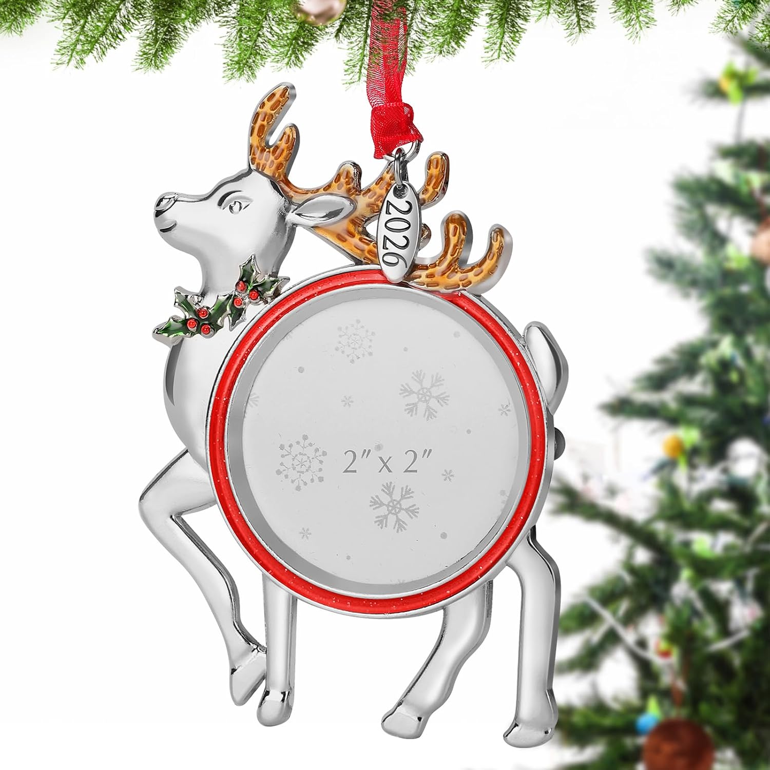 2026 Reindeer Christmas Photo Frame Ornament, Mini 2" Hanging Picture Keepsake for Xmas Tree