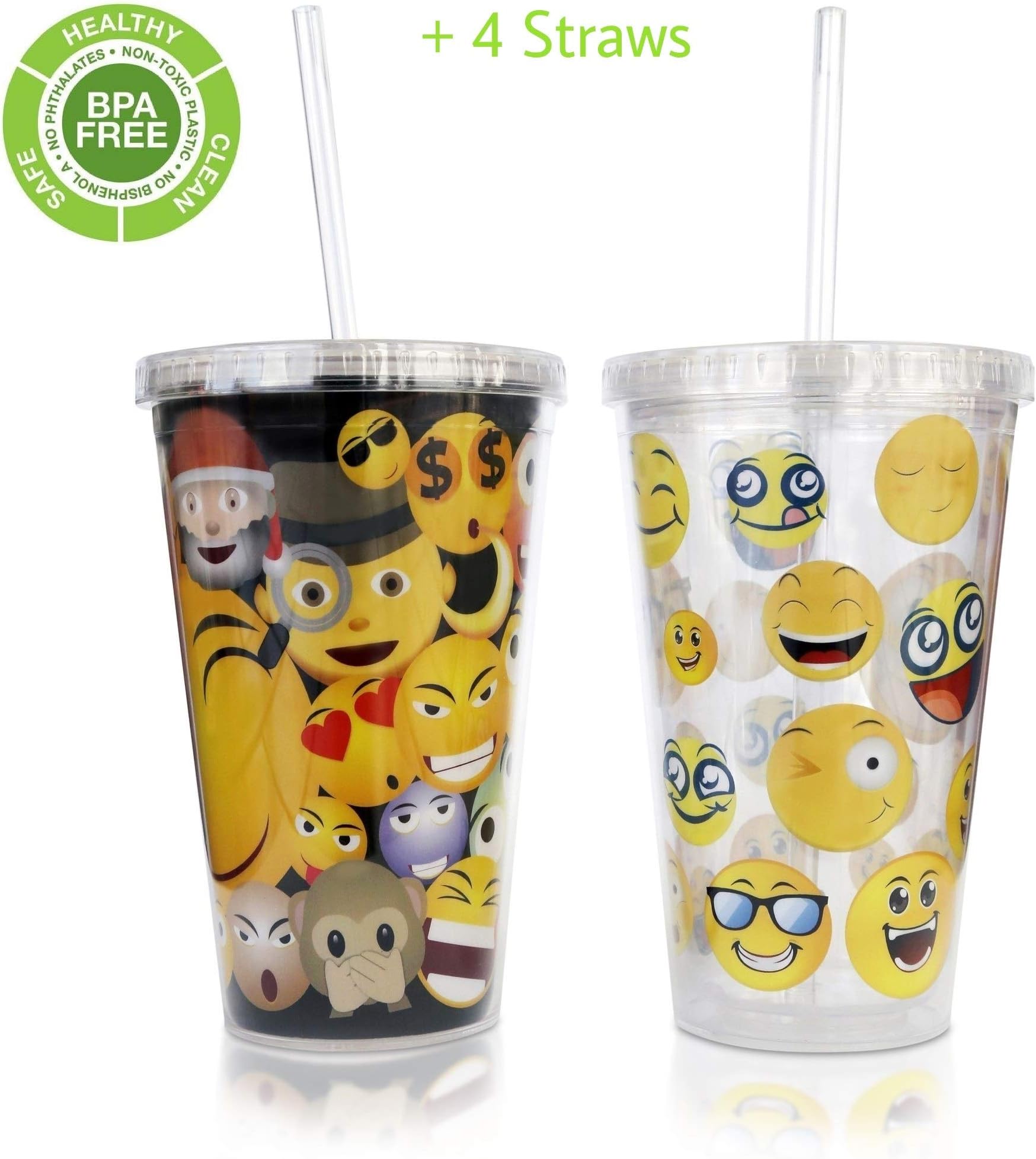 Unique Insulated Emoji Tumblers with Lids and Straws (Set of 2) - Modified Flexible Straws and Firm Straws (Set of 4) - Double Wall Mugs - BPA Free Plastic Cups for Kids - 16 OZ