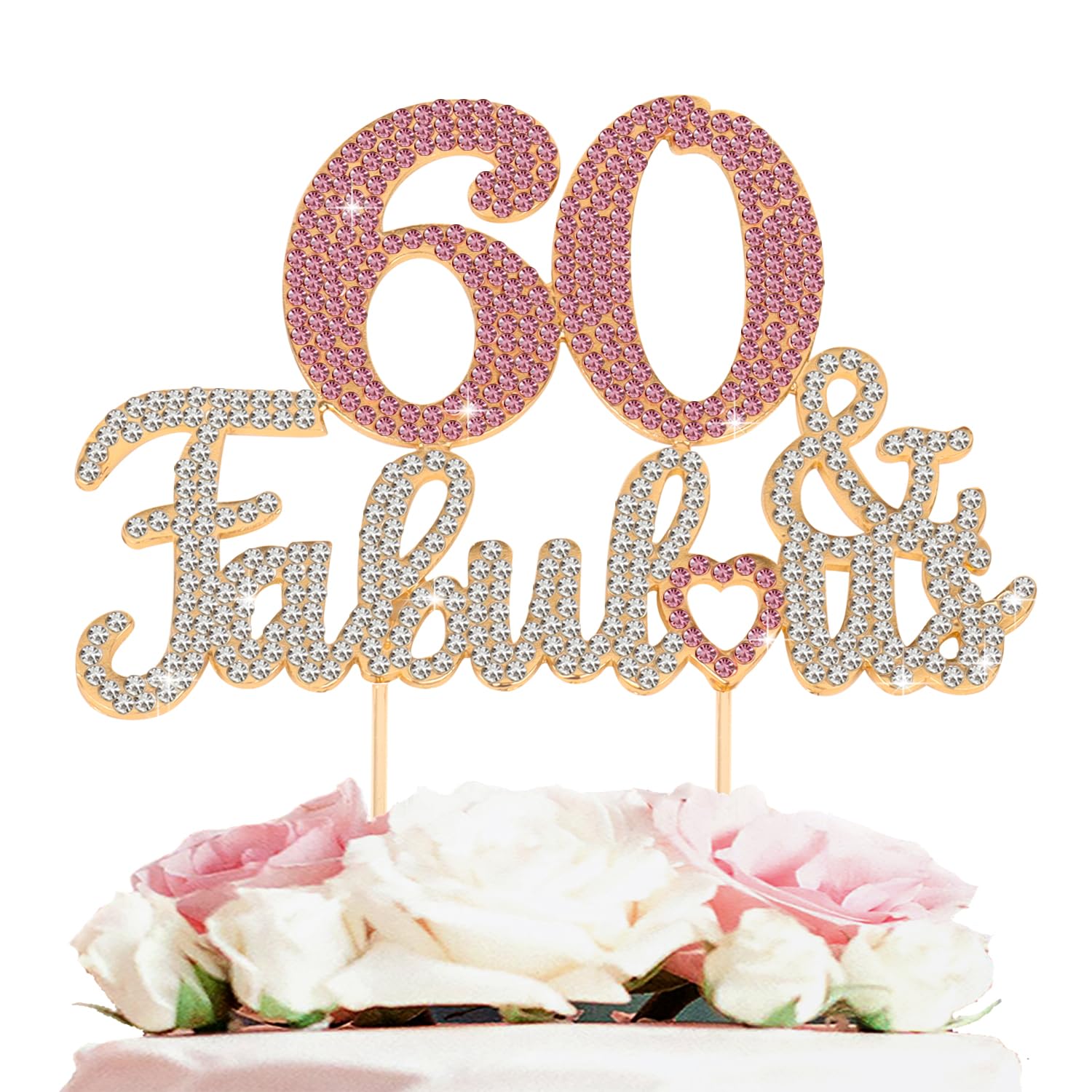 LASKYER 60 & Fabulous Gold & Pink Rhinestone Cake Topper - Happy 60th Birthday Cheers to Sixty Years Old Bday Party Metal Sparkly Food Centerpieces