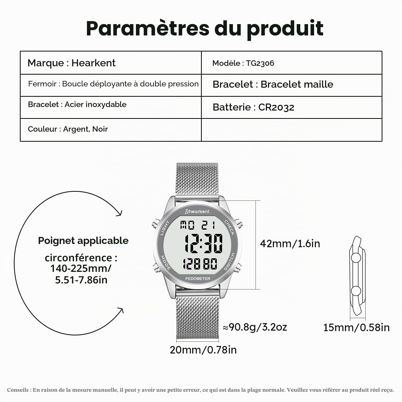 Hearkent Montre numérique étanche pour homme avec podomètre, alarme, calories, distance, alarme, compte à rebours, bracelet en acier inoxydable