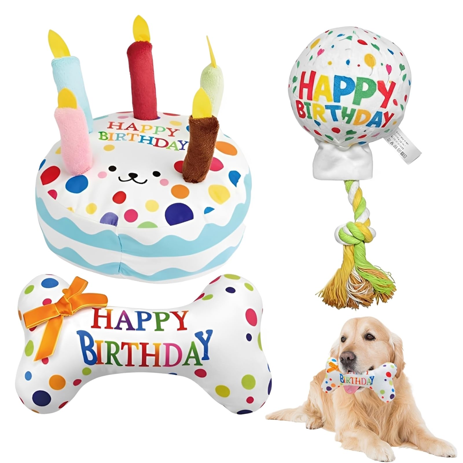 XZSKD Dog Birthday Set, 3-Pack Squeaky Cake & Bone Chew Play Set, Interactive Play Gift for Canine Companions