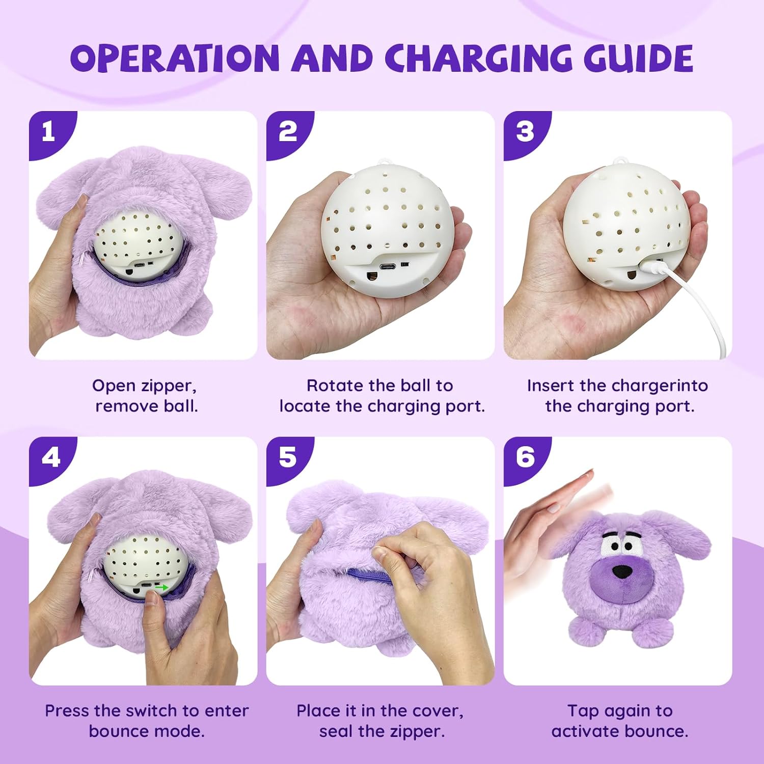 Moving Dog Ball, Jumping Squeaky Interactive Dog Toys, Plush Chew Toys for Medium/Large Dogs, USB Rechargeable (Purple)