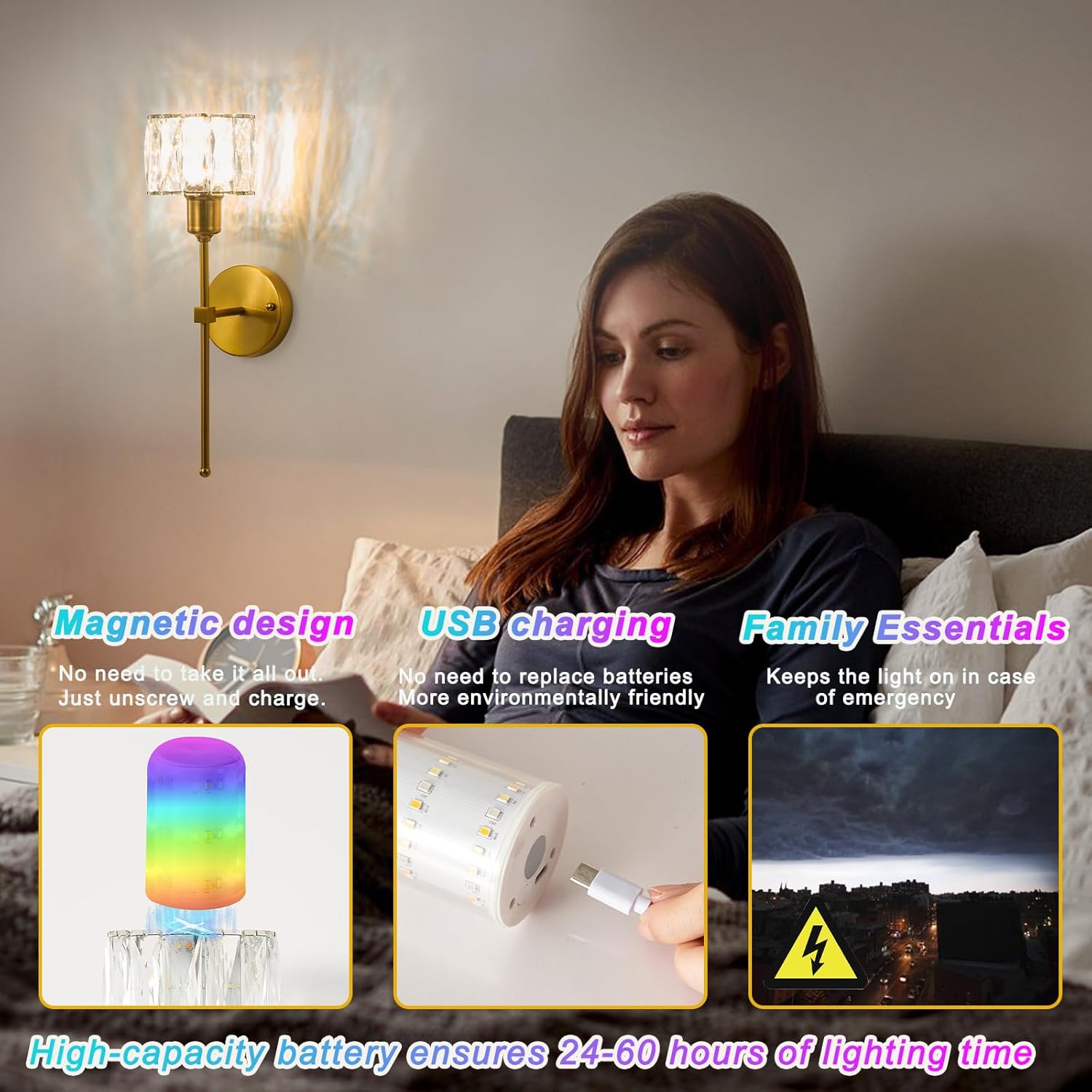 Crystal Battery Operated Wall Sconces Set Of Two, Gold Wireless Wall Light with USB Rechargeable LED Light Bulbs 12 Colors Dimmable Crystal Wall Lamp with Remote for Living Room, Bedroom, Hallway