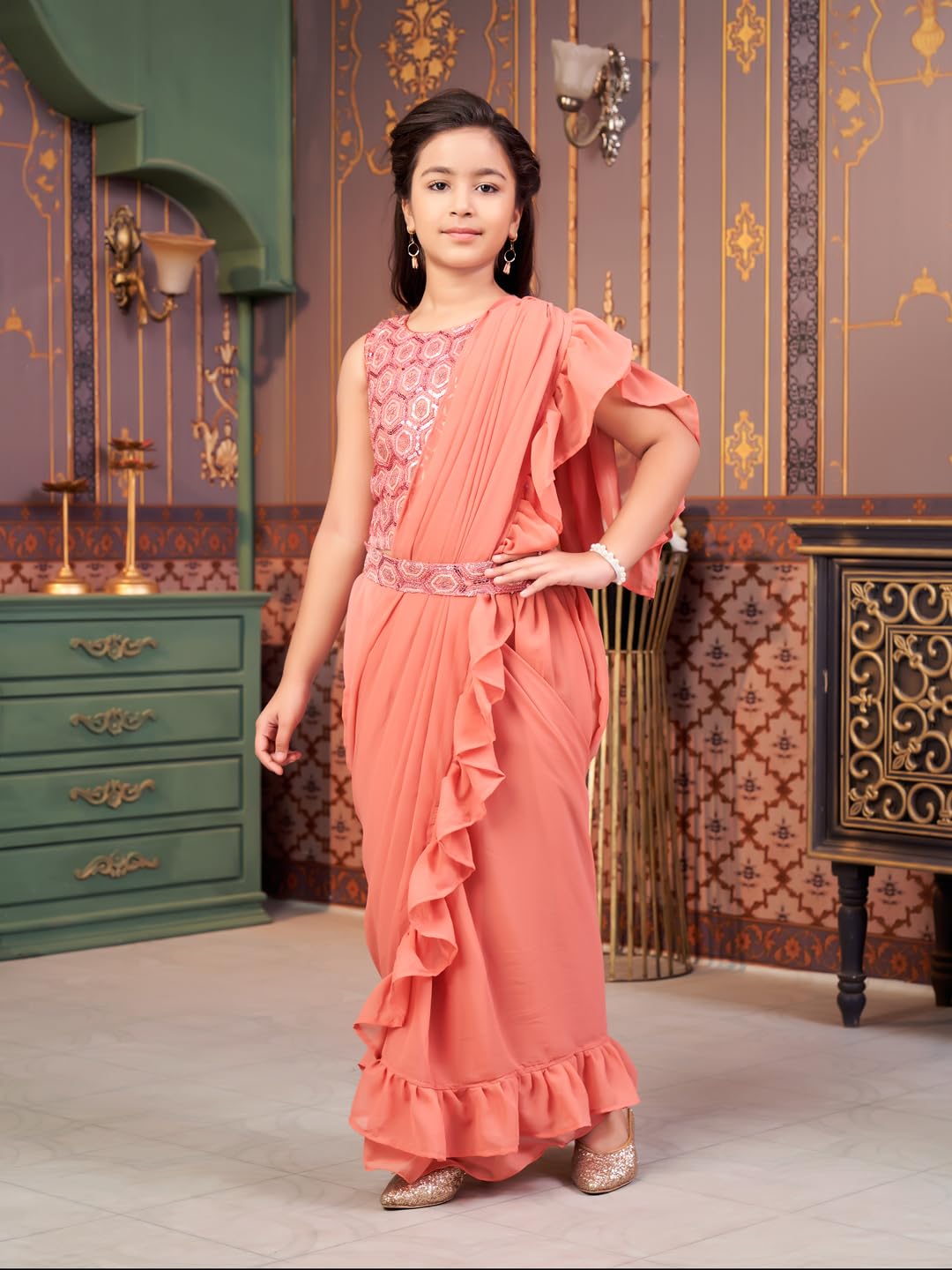 Aarika Girls Ethnic Wear Peach Colour Sequin Embroidery Georgette Lehenga Choli Set With Attached Dupatta-4-13 Years (Lch-Shm-5014)