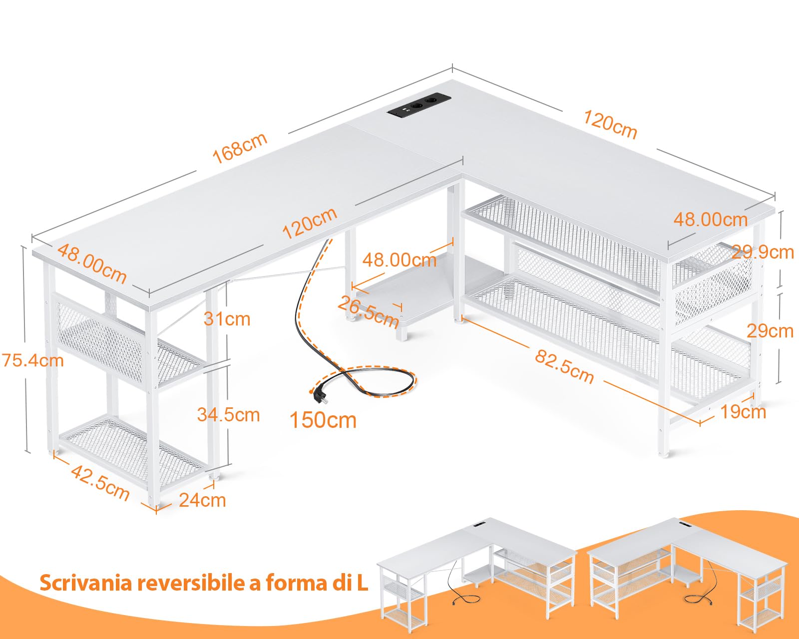 ODK Scrivania Gaming ad L con Design Reversibile, Scrivania con Ampio Spazio di Archiviazione, Scrivania ad Angolo con 2 Prese e 2 Porte USB, Bianco, 168×120cm
