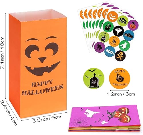 Miniatura 3 de Bolsas de golosinas de Halloween, recuerdos de fiesta, 80 bolsas de dulces de Halloween para niños para dulce o dulce + 84 calcomanías de Halloween,