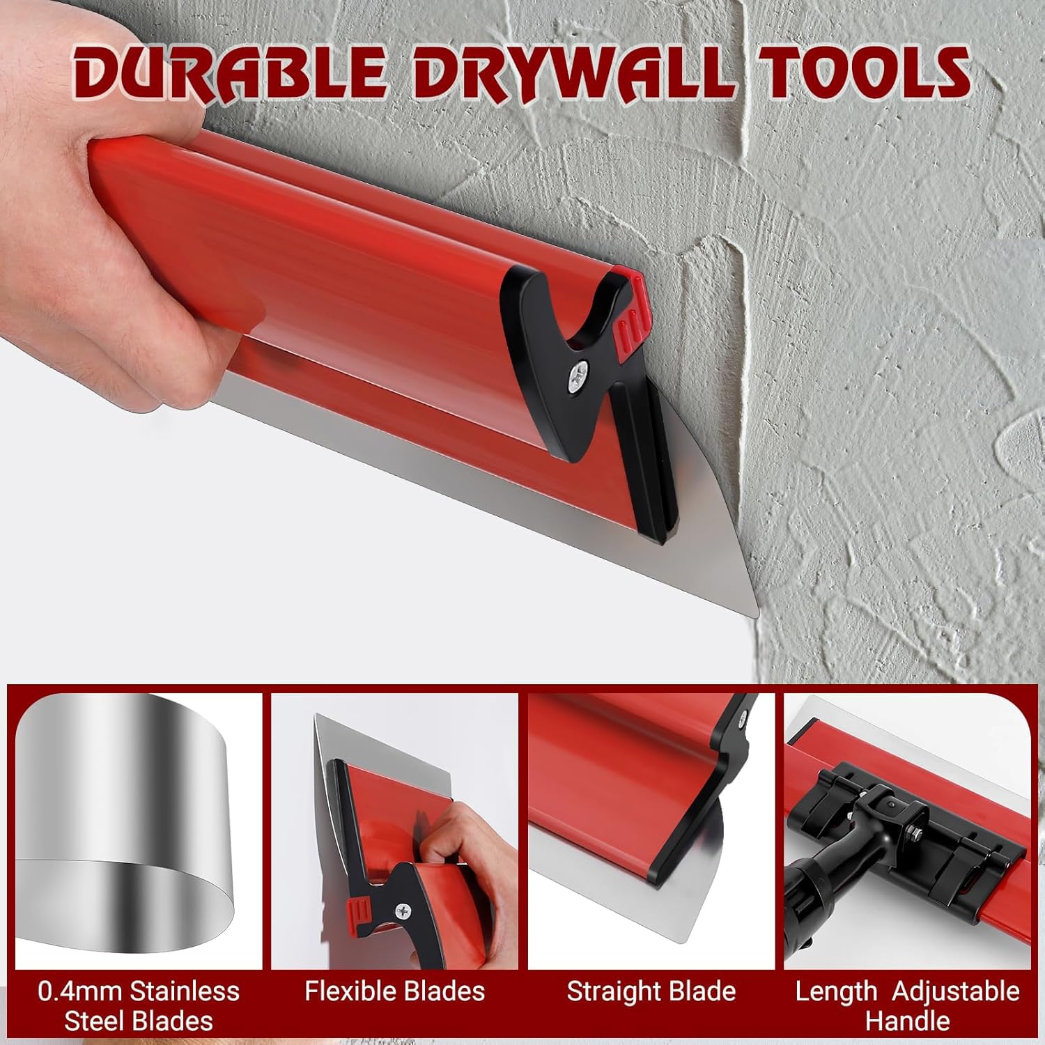 Spatola per Stucco Kit, Spatola per stucco muro con Maniglia di estensione, Lama in acciaio inox e alloggiamento in alluminio (25cm+40cm+60cm)