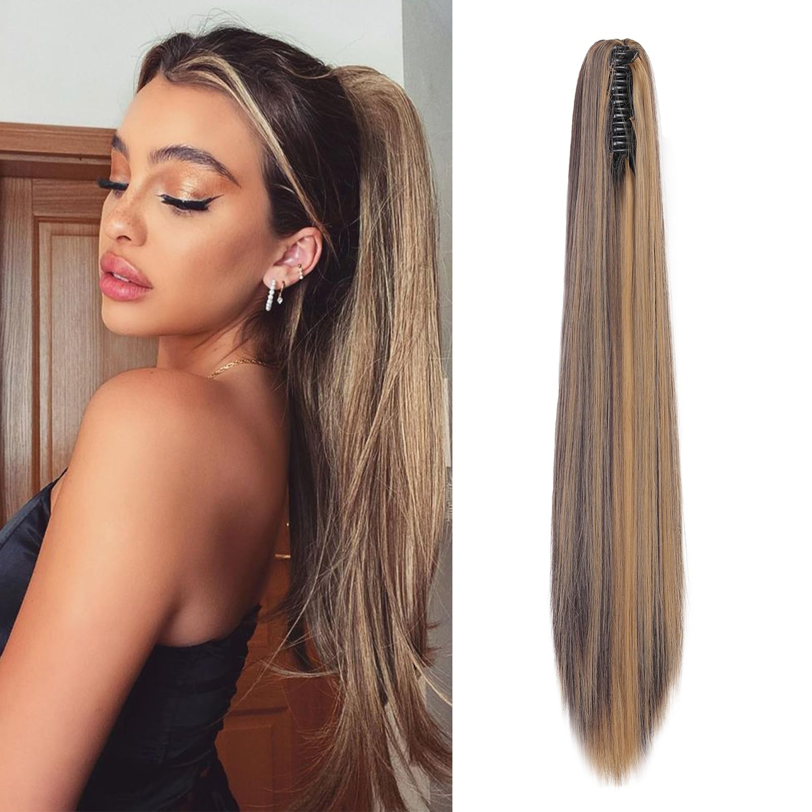 Cybelleza 55cm Coda di Cavallo Extension Capelli Sintetici Extension Coda Finta Capelli Lisci Posticci per Capelli Lunghi Ponytail Claw Parruchino per Donna, Biondo scuro & Marrone Cioccolato