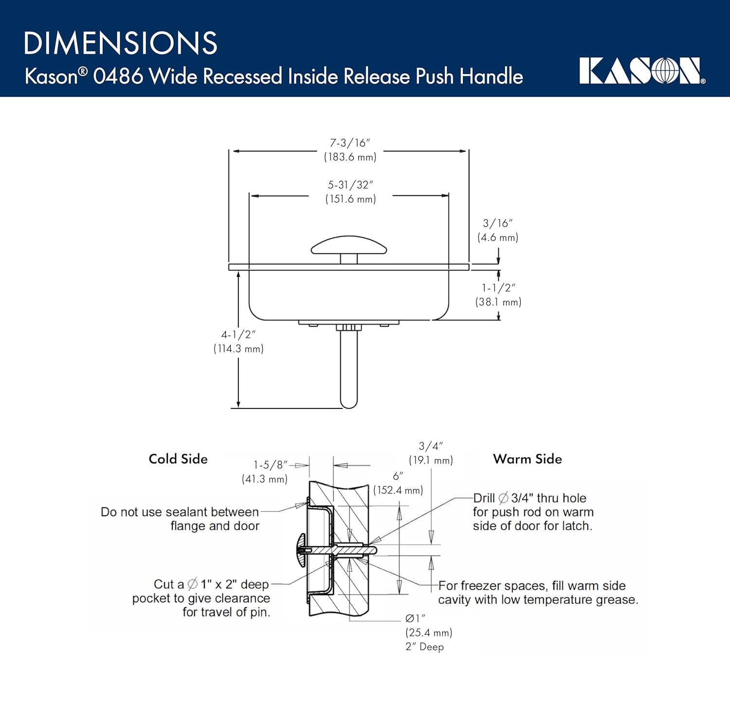 Kason 486 Wide Recessed Inside Release Handle (10486C00400)