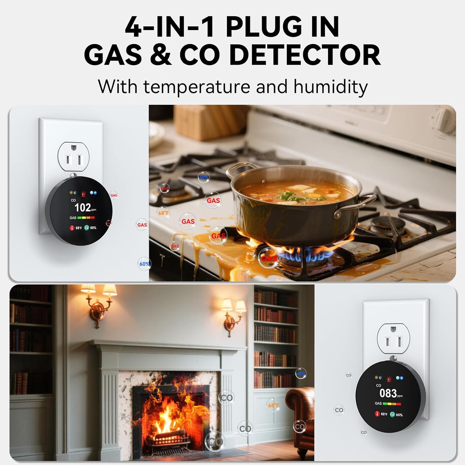 4-in-1 Gas & Carbon Monoxide Detector Plug in, Combination Natural Gas Leak & Carbon Monoxide Alarm, Dual CO & Gas Sensor with Temperature & Humidity Black-1