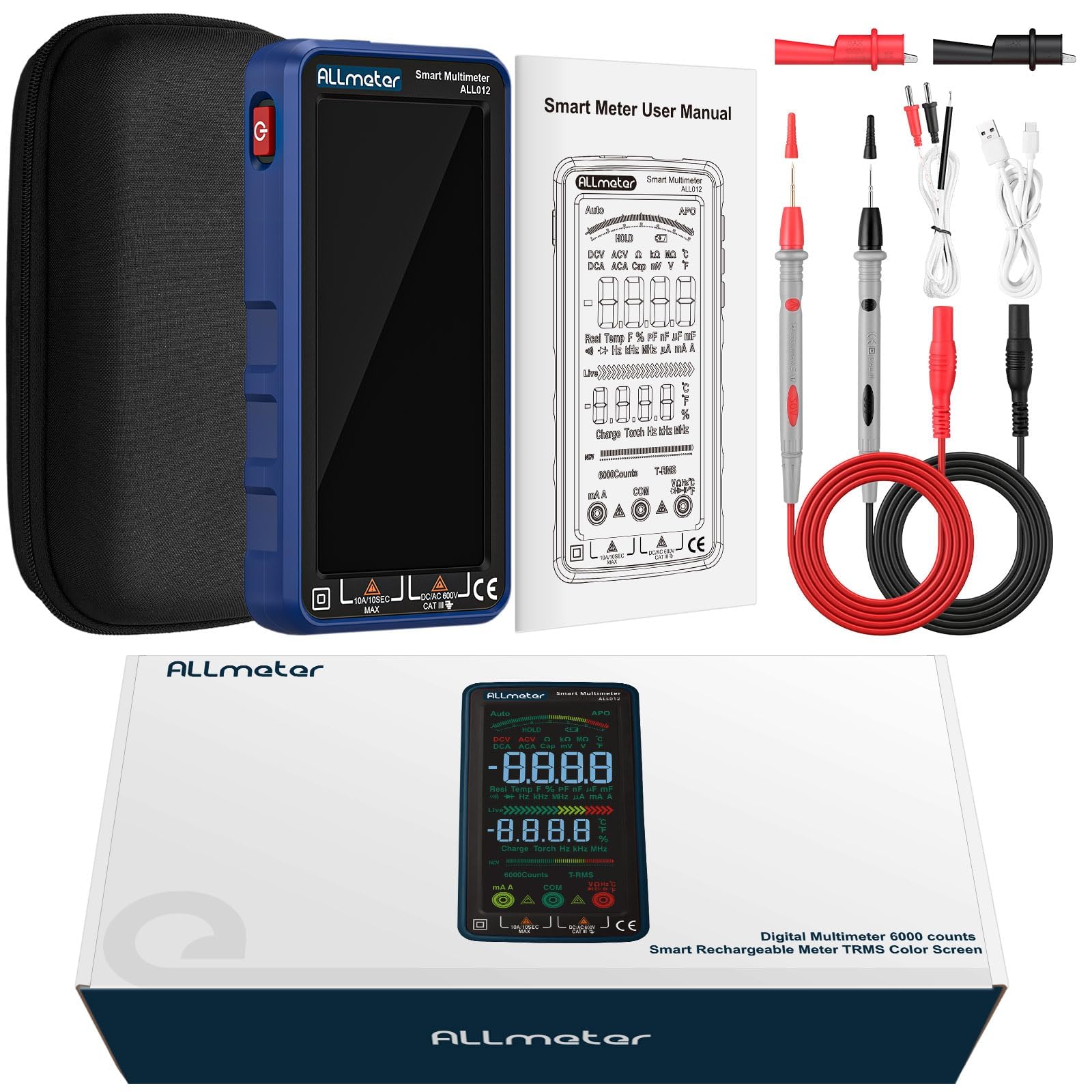 Smart Multimetro a 6000 Conteggi con TRMS, NCV e USB Ricaricabile | Tester Digitale Professionale con Schermo a Colori, Misura Tensione Corrente Capacità Resistenza per Elettricisti e Fai-da-Te
