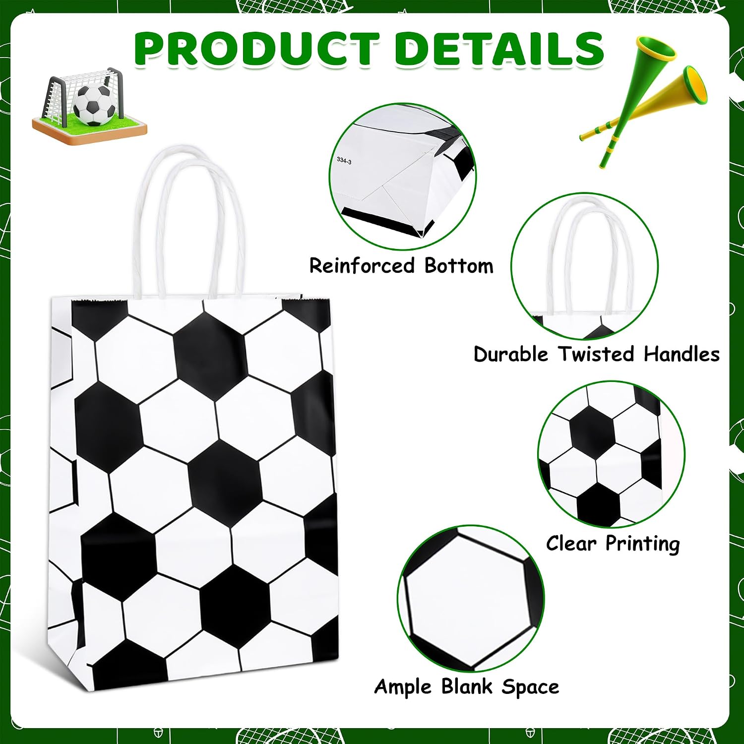 ZYLOP 12 Pack Soccer Party Favor Bags - Kraft Paper Soccer Goodie Bags with Handles for Kids Birthday, Sports Themed Party Gift Bag for Team Treat Snacks Supplies - 4 Assorted Designs image 3