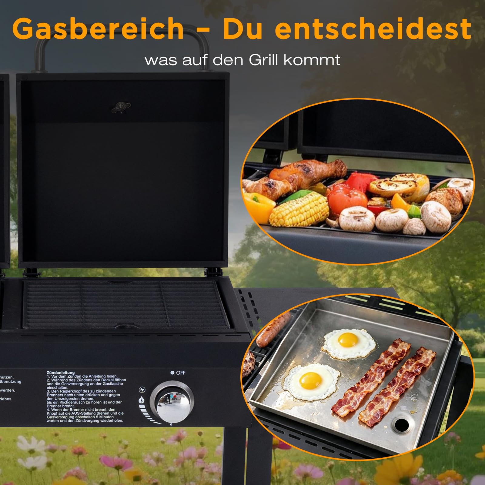 Grill gazowy na węgiel drzewny, 2 w 1, grill na kółkach z płytą
