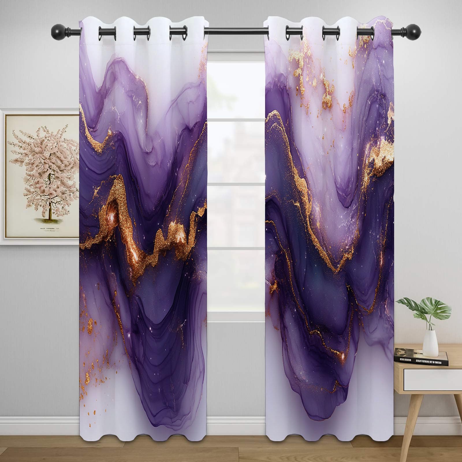 Verdunkelungsvorhänge Abstrakter, Luxuriöse purpurne Fließgold-Textur Moderne Kunstmalerei, Vorhang für Wohnzimmer, Schlafzimmer-H180 x B140 cm (2er Pack)