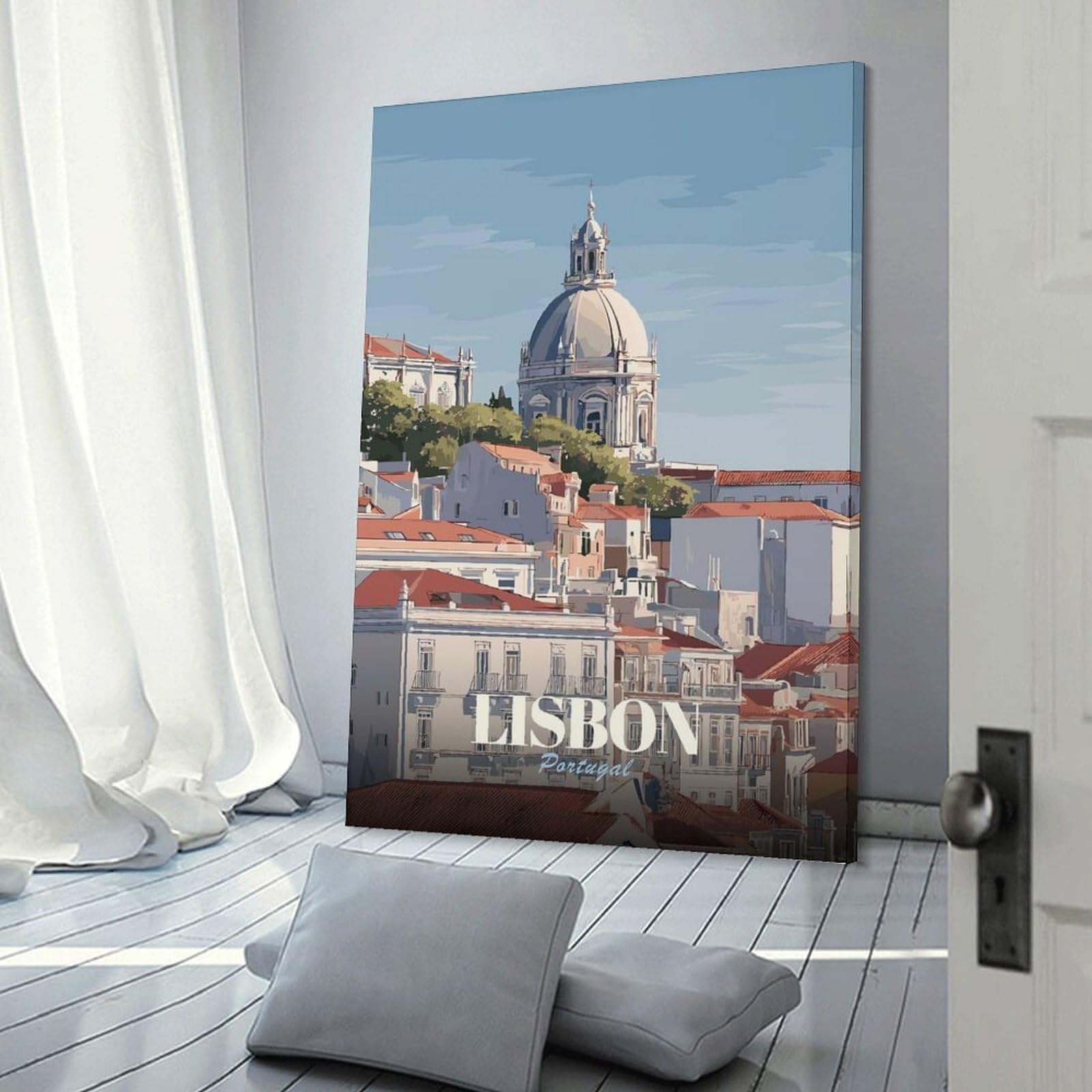 Junmoney Canvas Wall Art Lisbon, Portugal Cityscape Illustration(2), 24x36inch(60x90cm), for Bedroom, Guest Room Or Reading Nook, Canvas Wall Decor for Personal Spaces